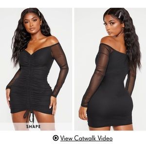 Black Mesh Ruched Bardot Bodycon Dress NWT